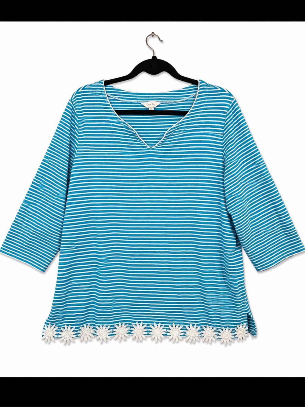 Coral Bay 1X Turquoise White Striped Floral Hem 3/4 Sleeve Stretch Top